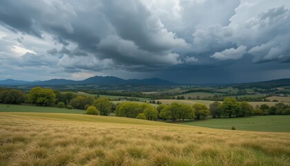Naklejka premium Dramatic Cloudy Sky Over Green Fields and Rolling Hills Landscape