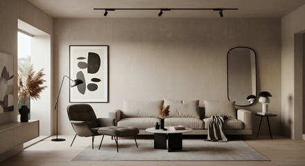 Living Room Interior with Sofa, Chair, and Art