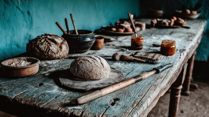 Rustic wooden table with freshly baked bread, bowls, and various baking tools. Dark, moody lighting.