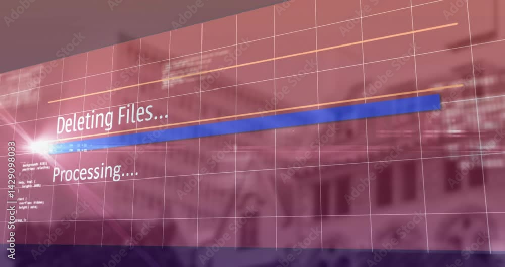 Poster flat design interface overlay displaying progress bar and code snippets over blurred facade grid