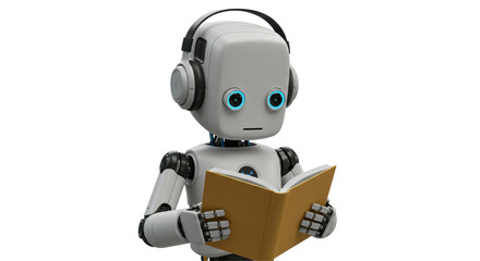 Isolated Robot Reading Book Wearing Headphones