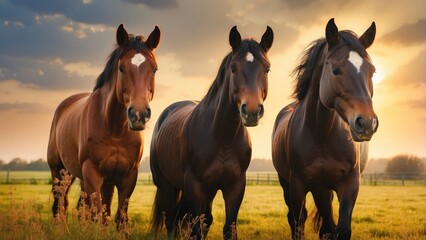 Obraz premium Three Beautiful Horses Standing Together in Open Field