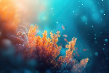 Fototapeta premium Vibrant orange coral thriving in a sunlit underwater scene, showcasing nature's beauty.