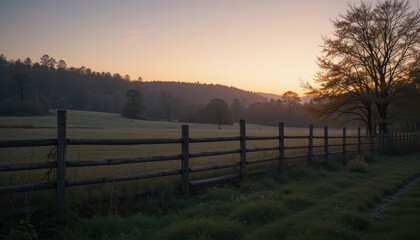 Serene Countryside Landscape with Fencing at Dawn's Early Light