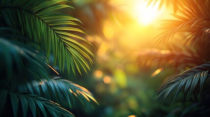 Relaxing summer holiday essence- Serene, inviting atmosphere from sunlight through palm leaves.