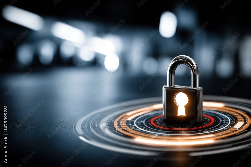 Poster a digital padlock glowing on a dark surface with circular light patterns.