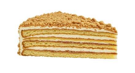 Isolated Slice of Layered Honey Cake with Crumbs