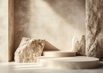 Beige stone podiums, sunlit display