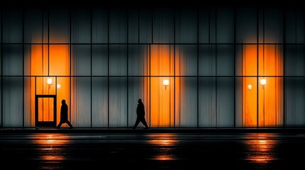 Silhouetted figures walking past an illuminated building at night, reflecting in wet pavement.