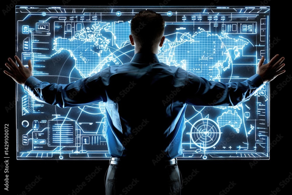 Poster futuristic person interacting with a digital world map interface.
