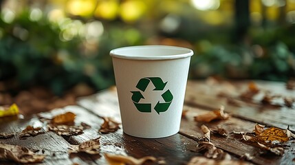 Representing eco-friendly practices, waste management, and environmental sustainability, a white paper cup with a green recycle symbol sits on a wooden table with a blurred green park background.