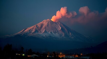 Fototapeta premium Volcanic eruption at dusk, snow capped mountain, orange and pink plume of smoke against a twilight sky, small town in the foreground.