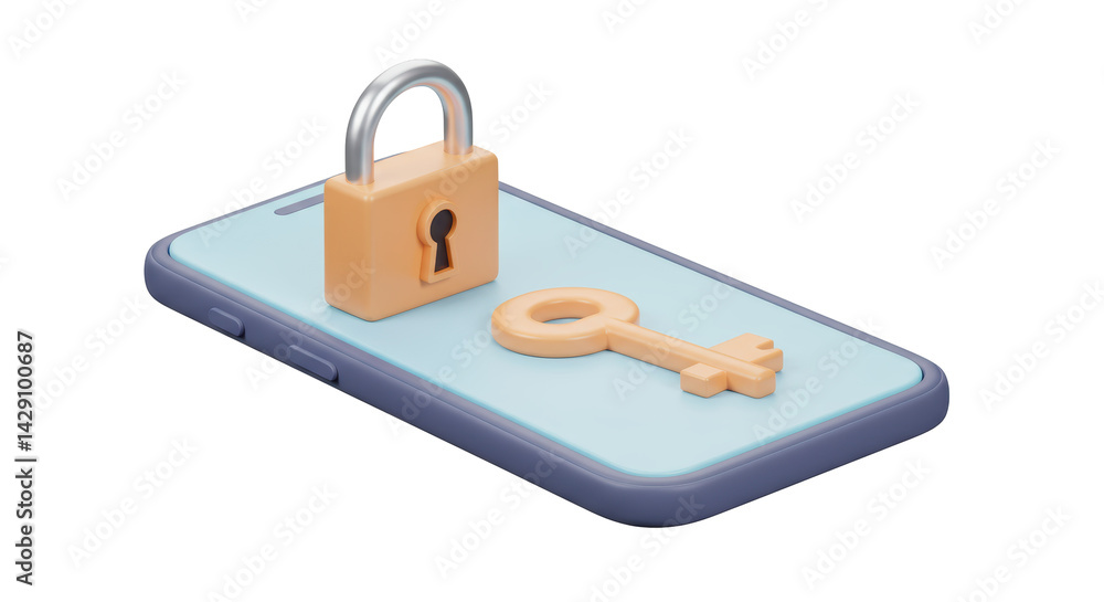 Poster isolated smartphone security with padlock and key