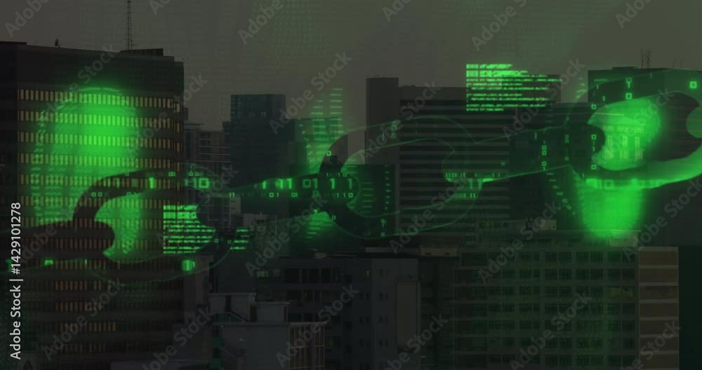 Poster 3d green chain link graphic floating over urban skyline at dusk, showing streaming binary code