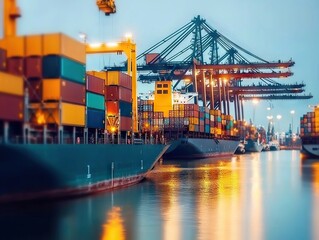 Fototapeta premium Container ship unloading cargo at busy port industrial environment evening view maritime logistics