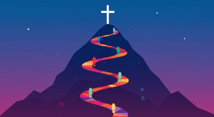 Colorful footprints winding up mountain path to cross illustration. Vibrant faith journey. Flat design style. For youth ministry posters, contemporary worship visuals, spiritual adventure theme