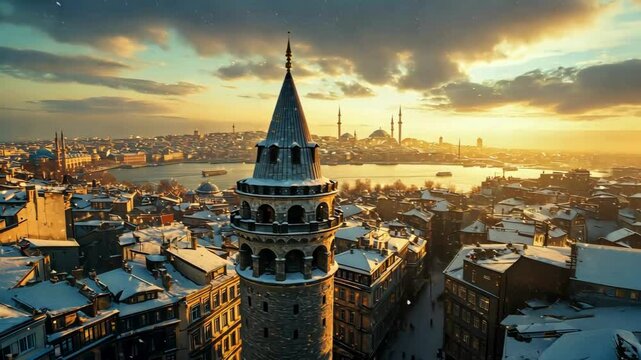 A stunning view of the Galata Tower under the snow, captured by a drone. In the background, the misty landscape of the Bosphorus and snowflakes falling into the water are seen.