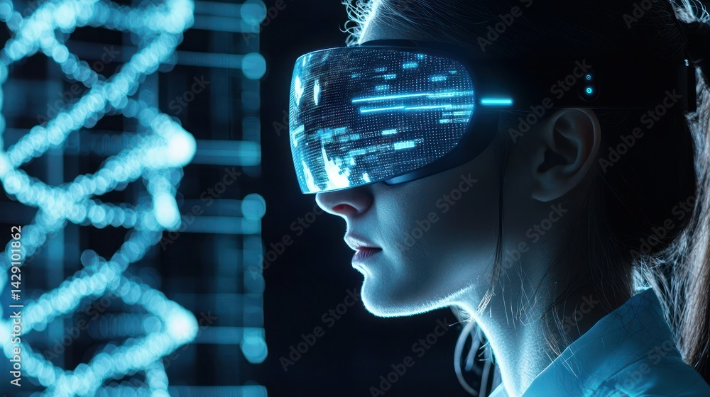 Aufkleber a scientist wearing an augmented reality headset analyzing ai-powered dna data.