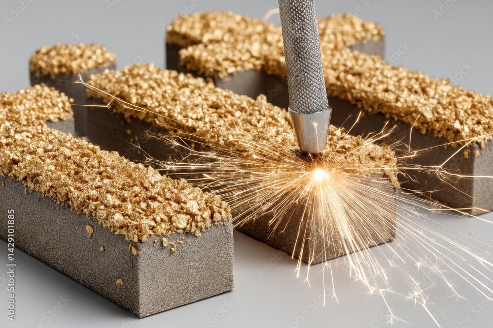 Poster metallic blocks with sparks from a laser cutting tool in action.