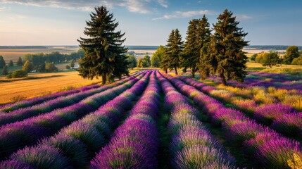 Fototapeta premium Vibrant purple lavender field at sunrise, rows of flowers stretch to the horizon, framed by tall evergreen trees under a partly cloudy sky.