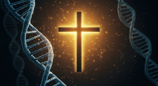 Glowing Christian cross centered between two DNHelix strands. Faith and science synergy concept. For religious conferences, science and theology discussions, modern faith visuals. Horizontal banner