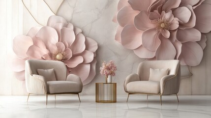 Elegant lounge chairs, pink flowers, marble wall, modern interior design, waiting room