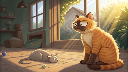 This charming illustration depicts two cats inside a sun-drenched room. A larger, orange tabby cat with Siamese-like markings sits upright, casting a distinctly grumpy or uni
