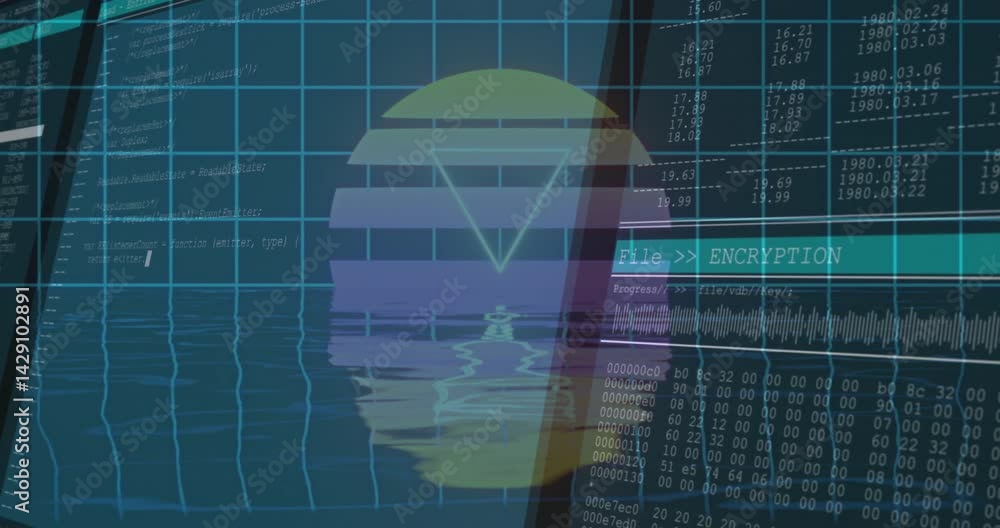 Poster encryption process being animated on glowing grid, with neon layered symbol, code, waveform bars