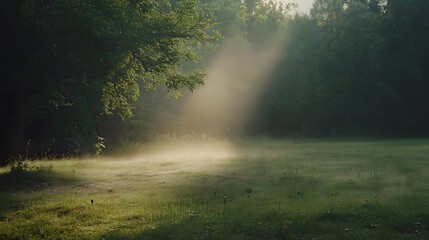 Serene Sunrise Meadow, Sunbeam Illuminating Misty Green Field