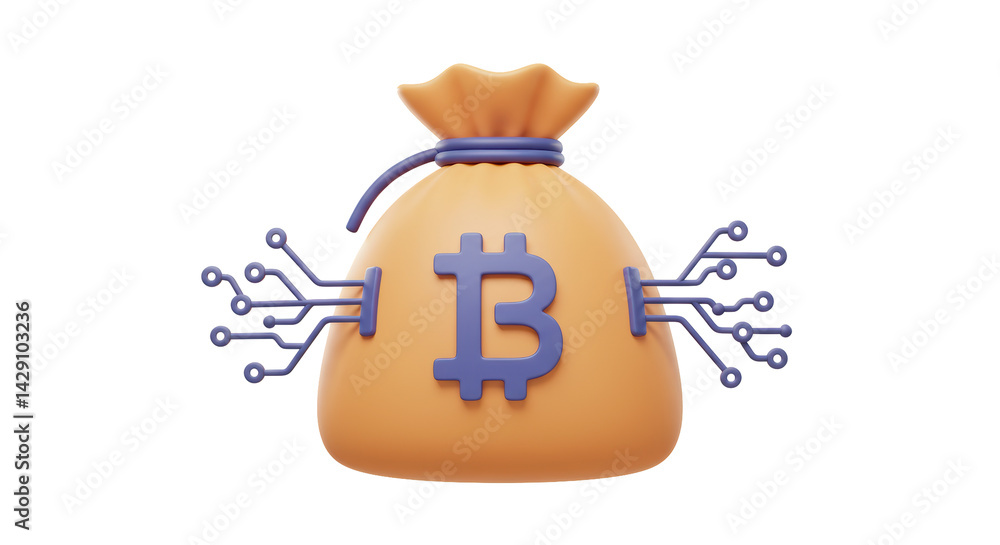 Poster isolated bag of digital bitcoin with circuit board design
