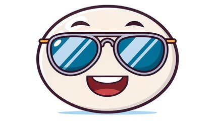This is a cartoon illustration of a cool and happy emoji face. The round, off-white character is depicted with a wide, cheerful open-mouthed smile and is wearing stylish aviator-style sung