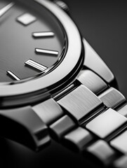 Close-up of a sleek, modern wristwatch showcasing its polished metal band and minimalist dial design