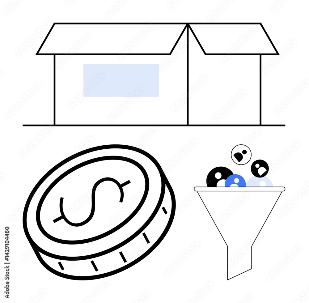 Poster shipping box, a coin with a dollar sign, funneled user icons showing sales conversions and delivery 