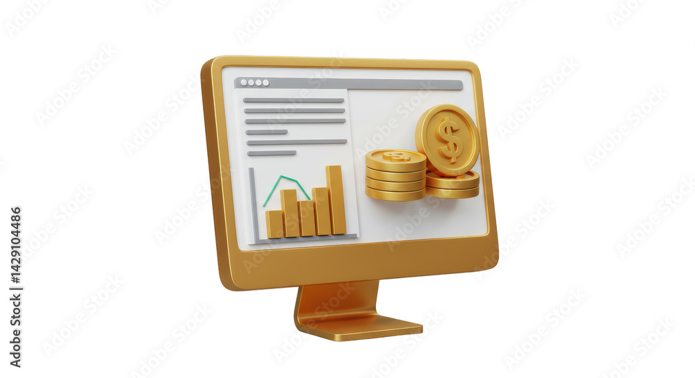 Poster isolated computer screen with financial chart and coins