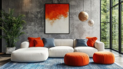 Modern living room with white sofa orange accents and large window.
