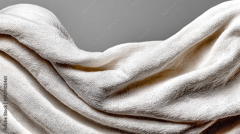 Poster soft, white terrycloth fabric draped in elegant waves against a gray background. luxurious texture a