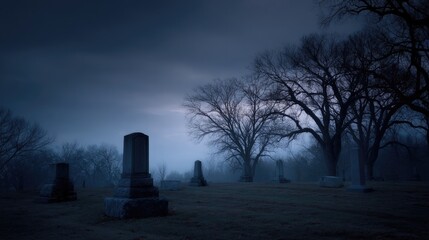 somber graveyard scene featuring weathered tombstones and barren trees casting long shadows under dim cloudy sky