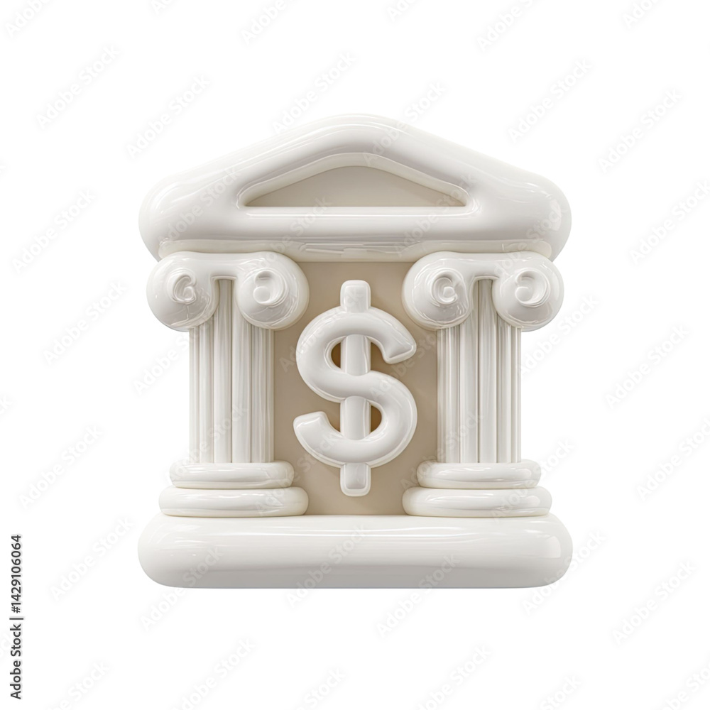 Poster 3d render of a stylized bank building with dollar sign in the center against a transparent backgroun