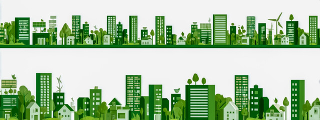 Obraz premium Green cityscape seamless border vector illustration isolated on a white background, simple design