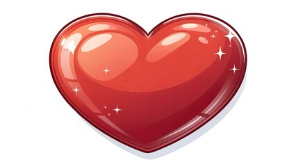 This is a vibrant illustration of a classic red heart shape, rendered with a highly glossy, reflective surface. Bright white highlights and small twinkling sparkles adorn its surface, g