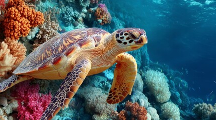 Fototapeta premium Hawksbill sea turtle swimming amidst vibrant coral reef. Underwater scene with sunlight.