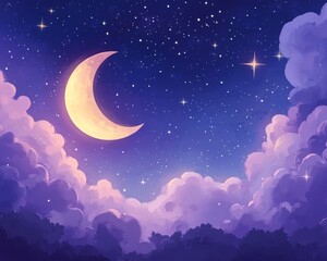 Naklejka premium Pixel art night sky with crescent moon, purple clouds, and sparkling stars. Dreamy and serene atmosphere, soft colors.