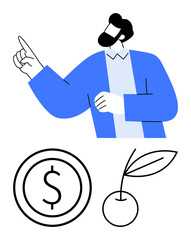 Man pointing upward with confident expression, promoting ideas of wealth, sustainability, eco-conscious growth. Ideal for finance, entrepreneurship, eco-business, education, strategy investment