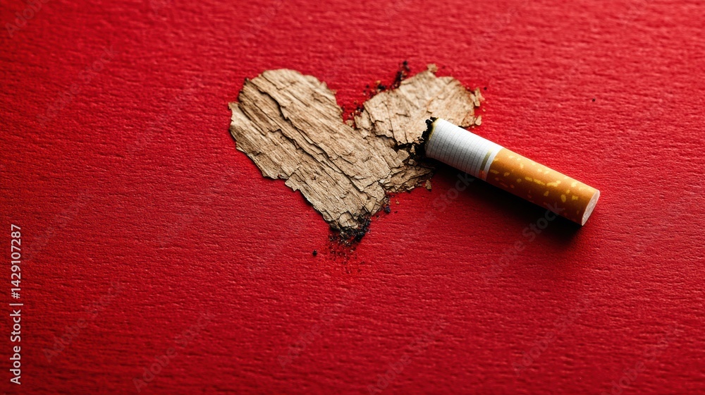 Poster cigarette stub embedded in a heart symbolizing the destructive impact on health and love