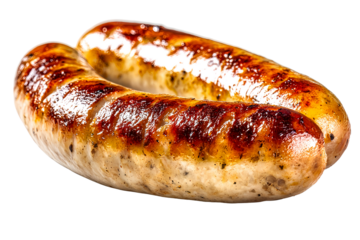 Two grilled bratwurst sausages isolated on white background, juicy and browned, perfect for barbecue, traditional meat dishes, or comfort food