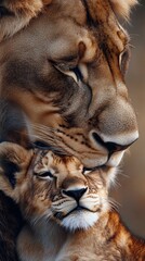 Obraz premium A mother lion is holding her cub