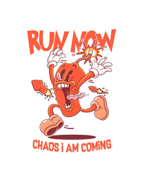 Explosive cartoon character in chaos mode, running wild with panic and mayhem.