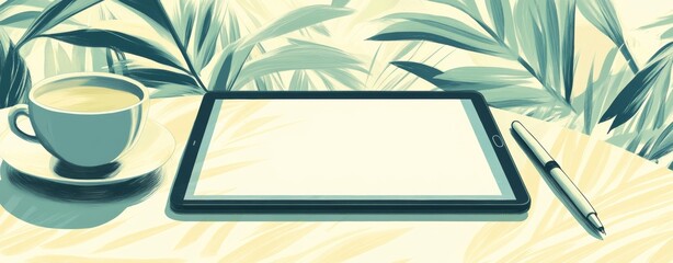 A tablet with a blank screen rests on a table next to a cup of coffee, surrounded by stylized tropical leaves. The color palette is muted, with teal and beige tones dominating.