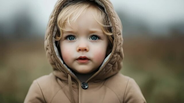 A young child, dressed warmly in a cozy brown jacket, stands amid the cold landscape. Their big blue eyes reflect wonder and curiosity as they observe the world quietly, hands touching their face.