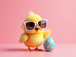 happy easter concept holiday greeting card - Cool cute chick with sunglasses and easter egg